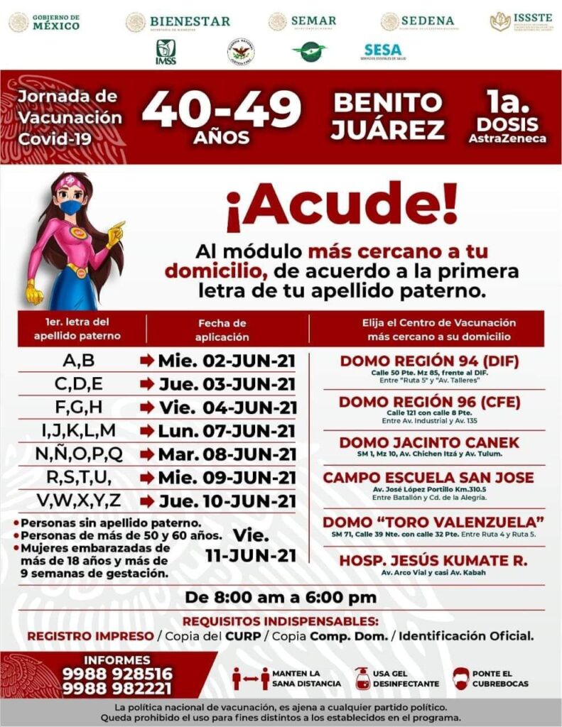 2 de junio, vacunación en Cancún para adultos de 40 a 49 años